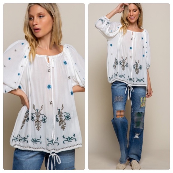 POL DAYLIGHT SAVINGS WOVEN EMBROIDERED RELAXED FIT TOP - Picture 1 of 7